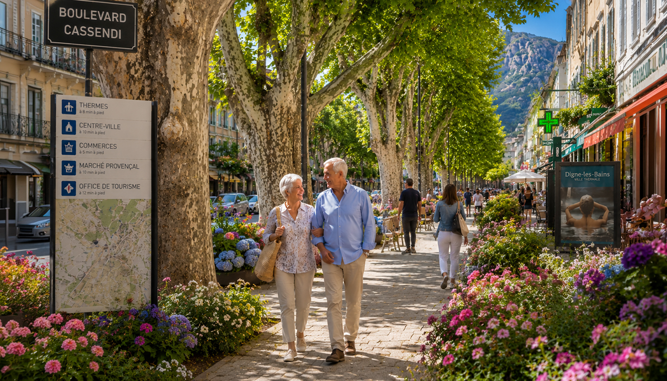 Curistes à pied près des thermes de Digne-les-Bains